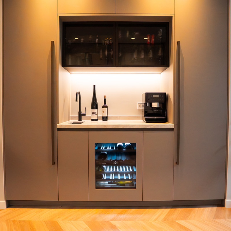 Built-in drinks cabinet with custom grey cabinetry by Wood Creations, wine cooler, coffee machine and marble countertop in the renovated home in The Hague