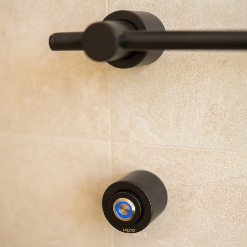 Detail of the black Lagoo tapware in the shower