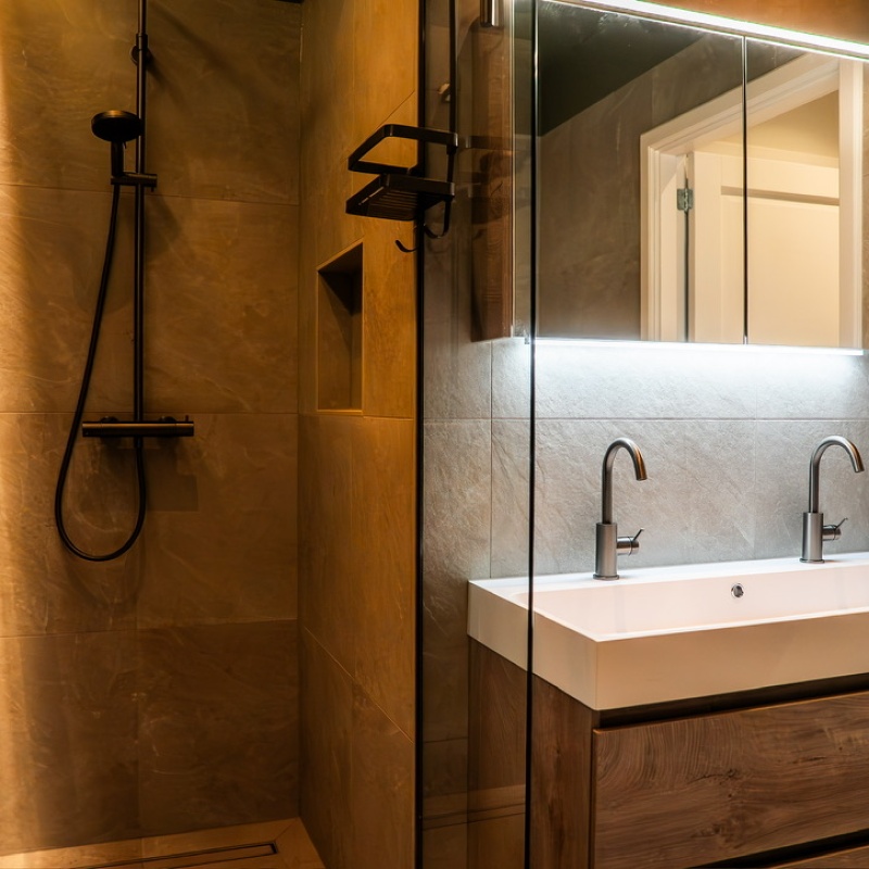 Bathroom with walk-in shower, double sink on wooden vanity and illuminated mirror cabinet in the sustainably renovated home in the Geuzenkwartier